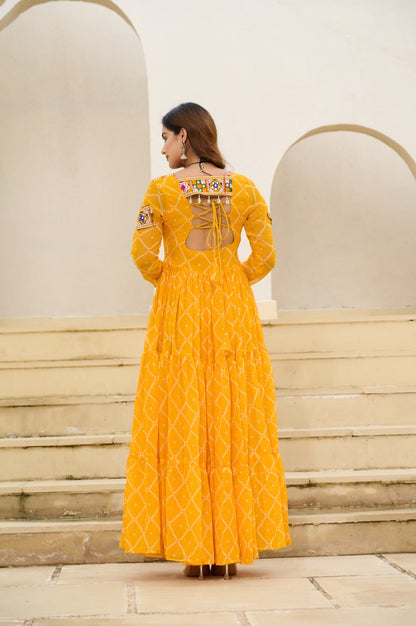 Yellow Bandhani Print Work With Kutchi Patchework Navratri Gown