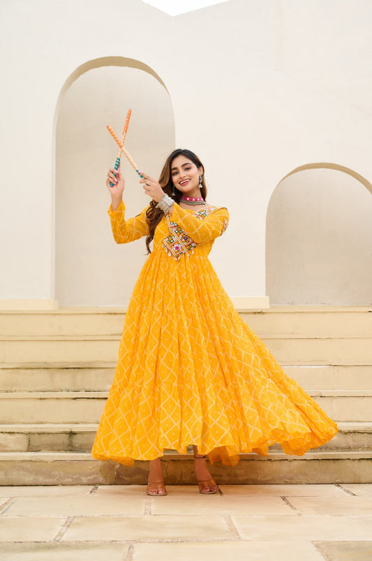 Yellow Bandhani Print Work With Kutchi Patchework Navratri Gown