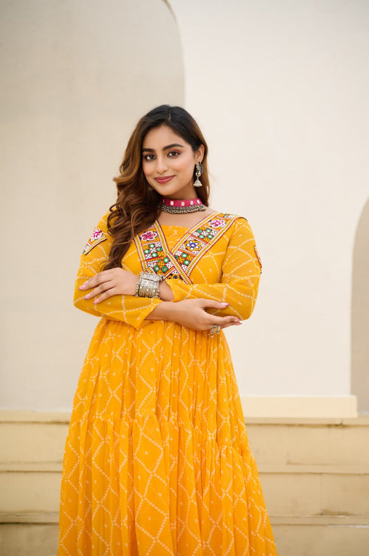 Yellow Bandhani Print Work With Kutchi Patchework Navratri Gown