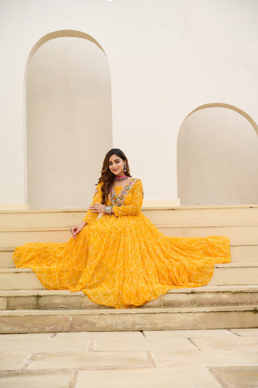 Yellow Bandhani Print Work With Kutchi Patchework Navratri Gown