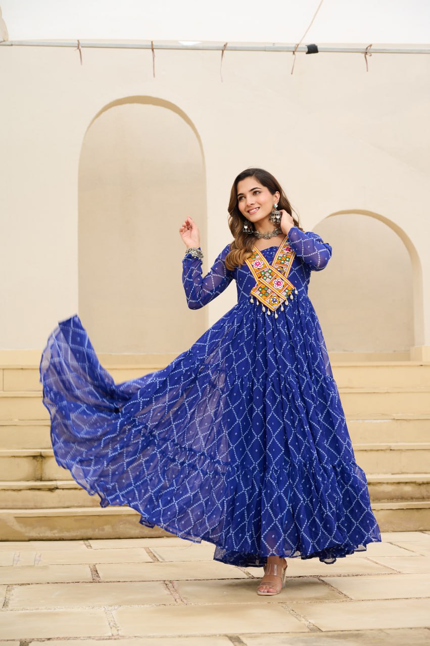 Blue Bandhani Print Work With Kutchi Patchework Navratri Gown