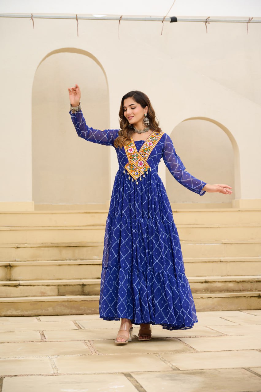 Blue Bandhani Print Work With Kutchi Patchework Navratri Gown