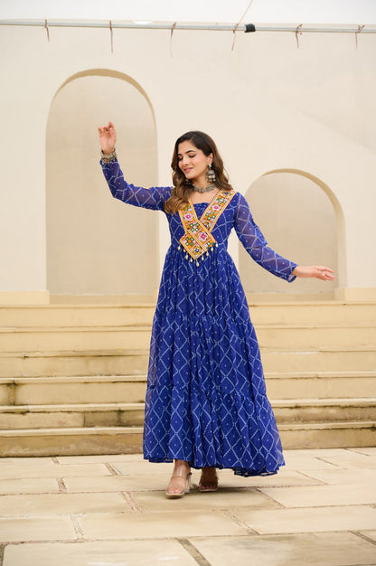 Blue Bandhani Print Work With Kutchi Patchework Navratri Gown