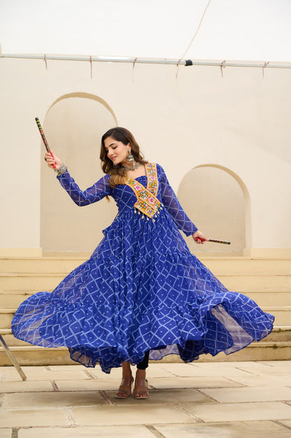 Blue Bandhani Print Work With Kutchi Patchework Navratri Gown