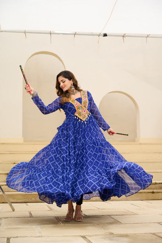 Blue Bandhani Print Work With Kutchi Patchework Navratri Gown