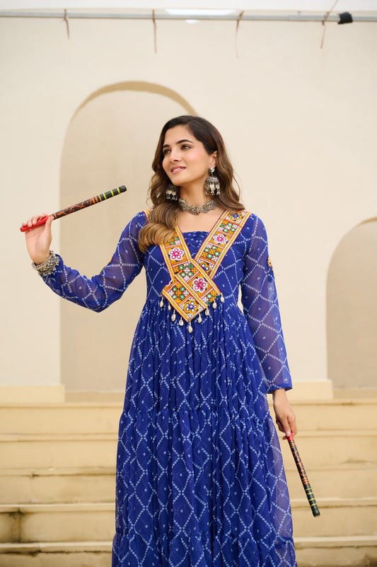 Blue Bandhani Print Work With Kutchi Patchework Navratri Gown