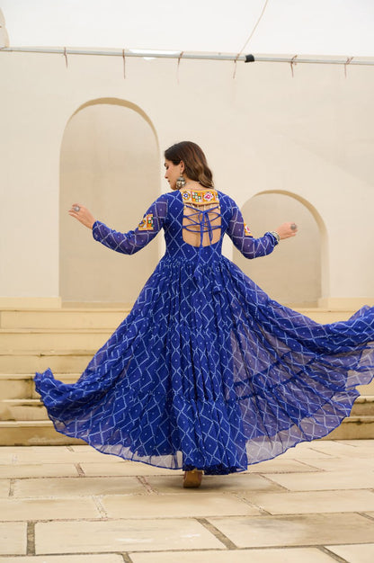 Blue Bandhani Print Work With Kutchi Patchework Navratri Gown