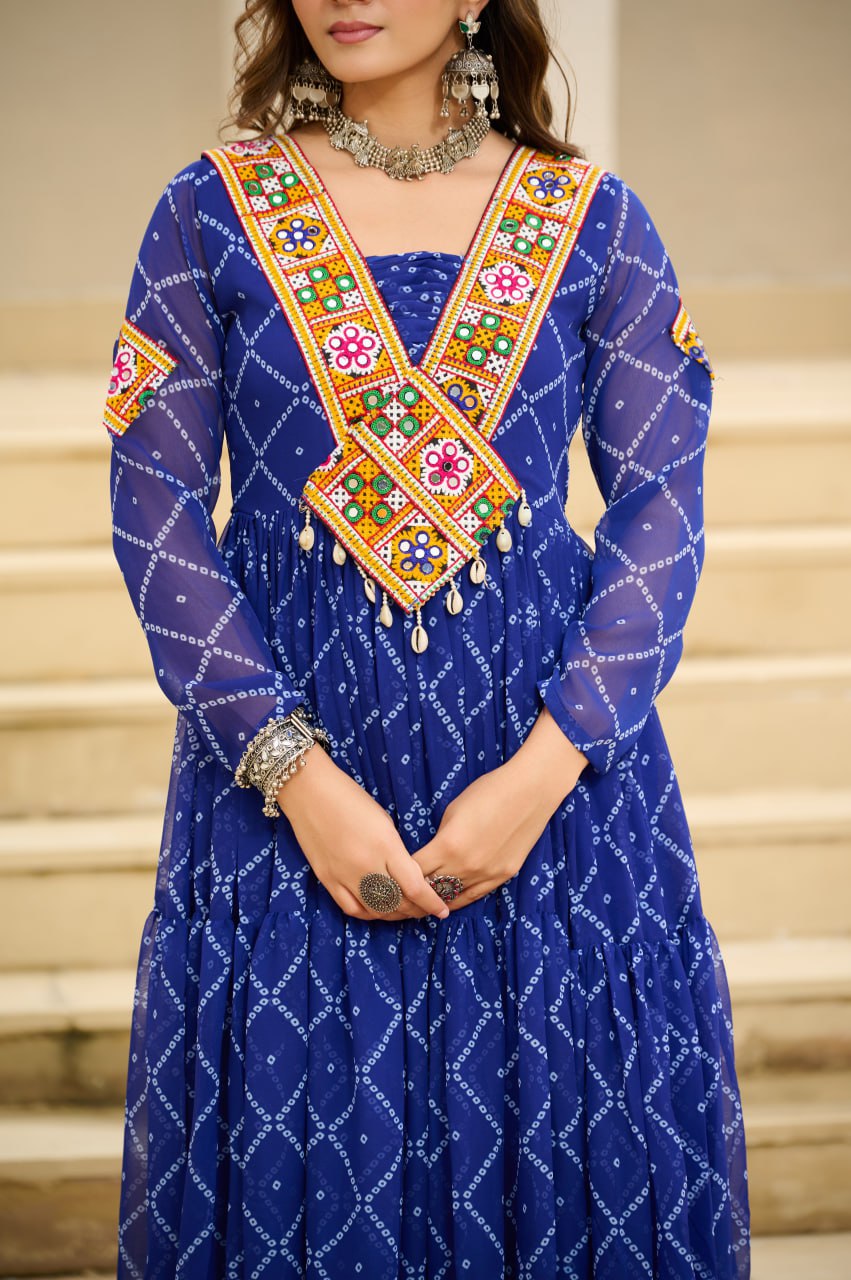 Blue Bandhani Print Work With Kutchi Patchework Navratri Gown