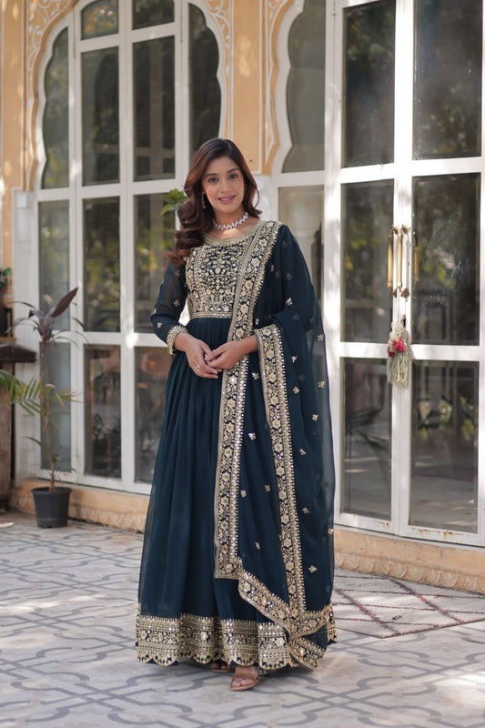 Rama Faux Blooming With Embroidery Zari Sequins Work Gown