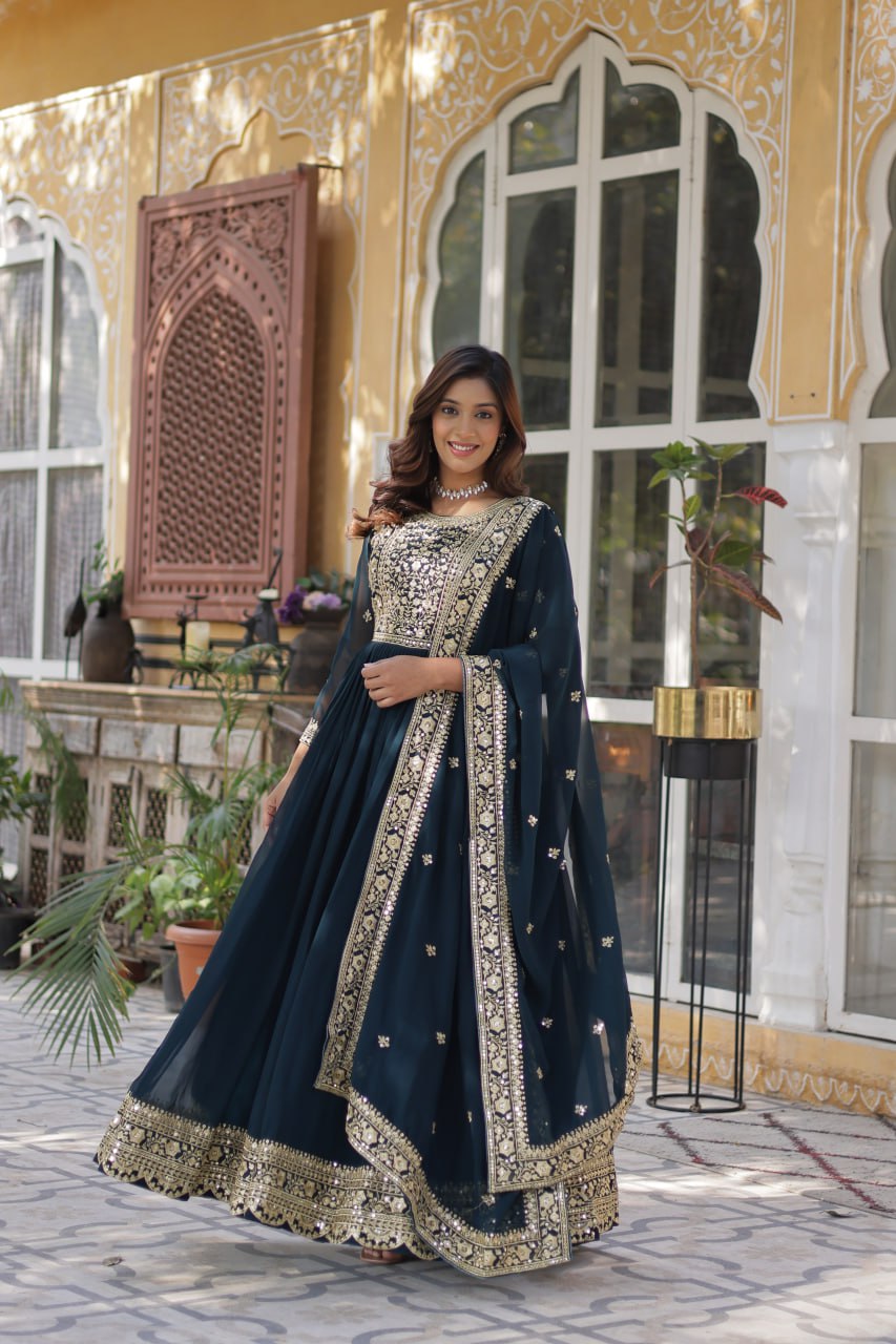 Rama Faux Blooming With Embroidery Zari Sequins Work Gown