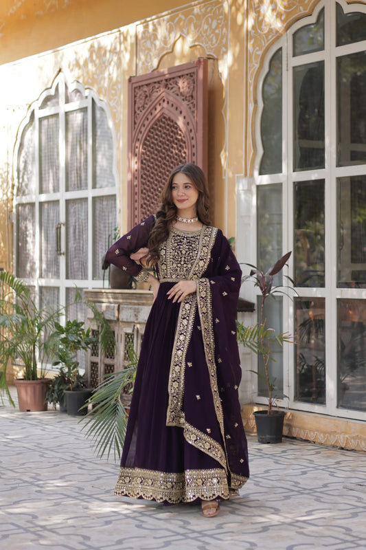 Wine Faux Blooming With Embroidery Zari Sequins Work Gown