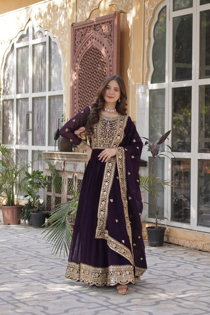 Wine Faux Blooming With Embroidery Zari Sequins Work Gown