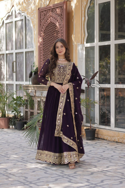Wine Faux Blooming With Embroidery Zari Sequins Work Gown