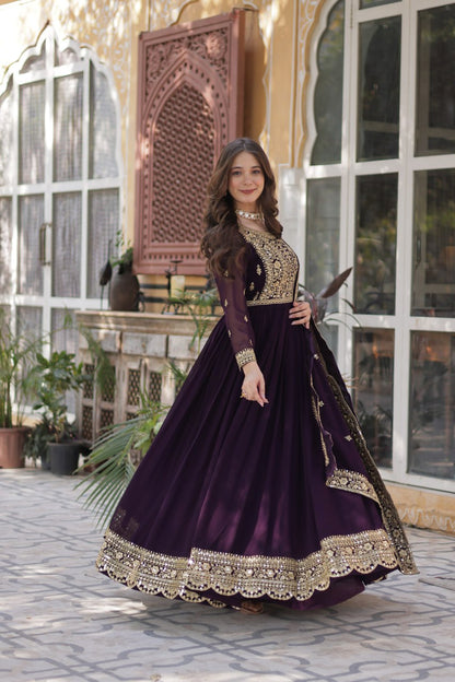 Wine Faux Blooming With Embroidery Zari Sequins Work Gown