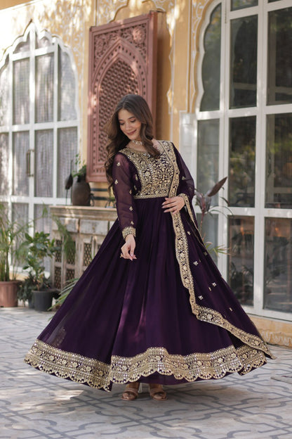 Wine Faux Blooming With Embroidery Zari Sequins Work Gown