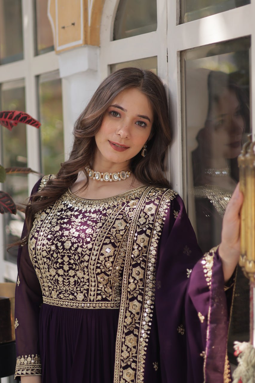 Wine Faux Blooming With Embroidery Zari Sequins Work Gown