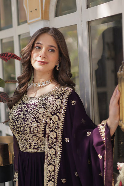 Wine Faux Blooming With Embroidery Zari Sequins Work Gown