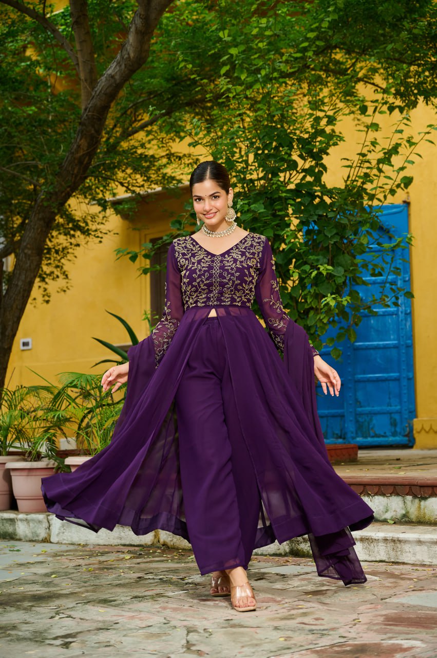 Purple Faux Blooming With Multithreaded Beads Embroidered Work Suit
