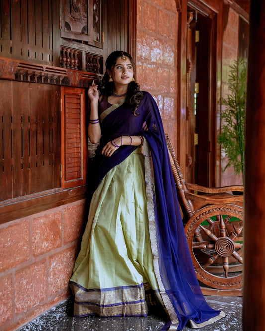 Olive Zari Weaving Work Kanchipuram Lehenga Choli