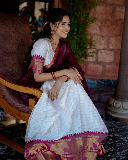 White Poly Cotton Chex With Zari Weaving Work Lehenga Choli