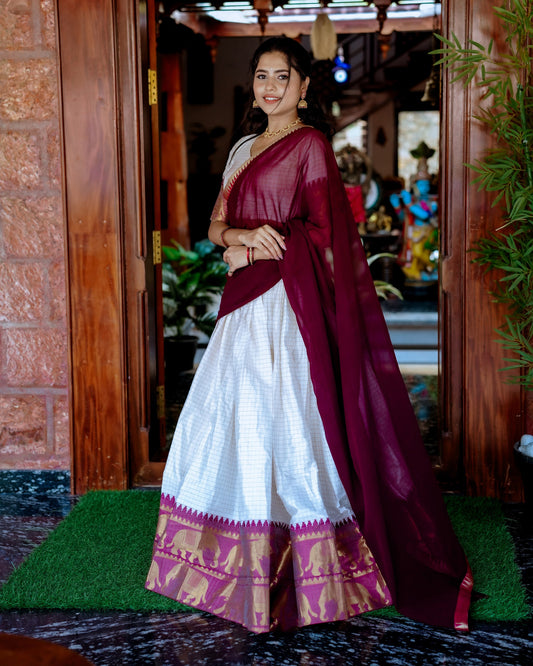 White Poly Cotton Chex With Zari Weaving Work Lehenga Choli