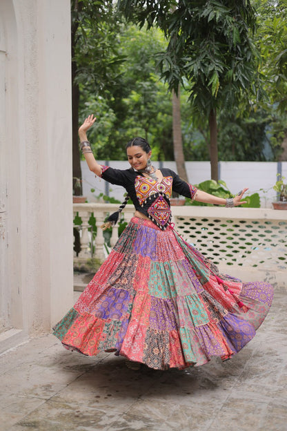 Multicolor Cotton Print With With Gotta Lace Work Navratri Lehenga Choli