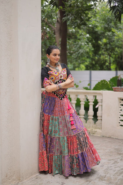 Multicolor Cotton Print With With Gotta Lace Work Navratri Lehenga Choli