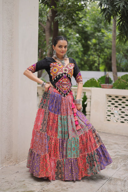 Multicolor Cotton Print With With Gotta Lace Work Navratri Lehenga Choli