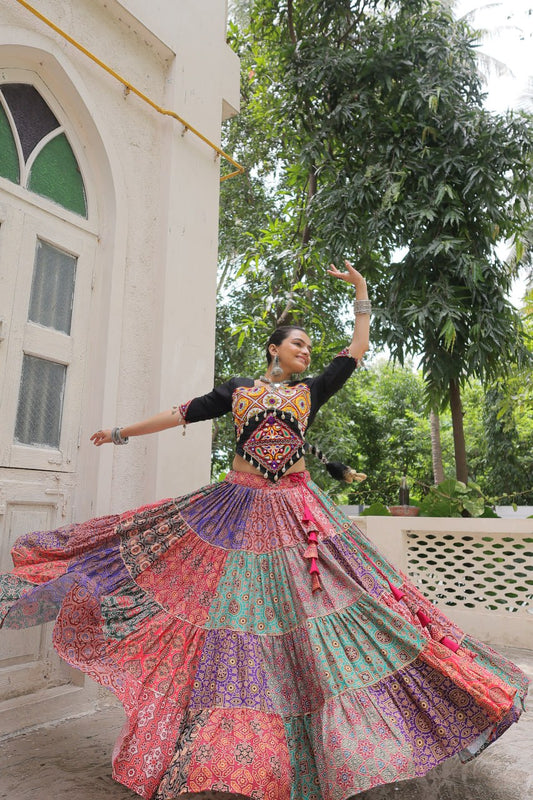 Multicolor Cotton Print With With Gotta Lace Work Navratri Lehenga Choli