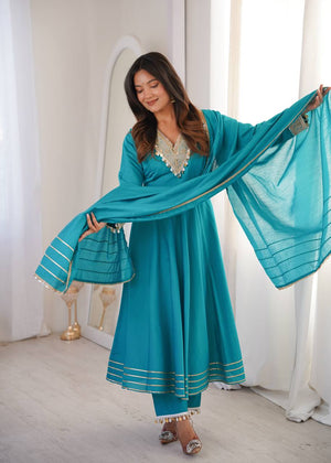Anarkali kurta pants dupatta set blue gold embroidery
