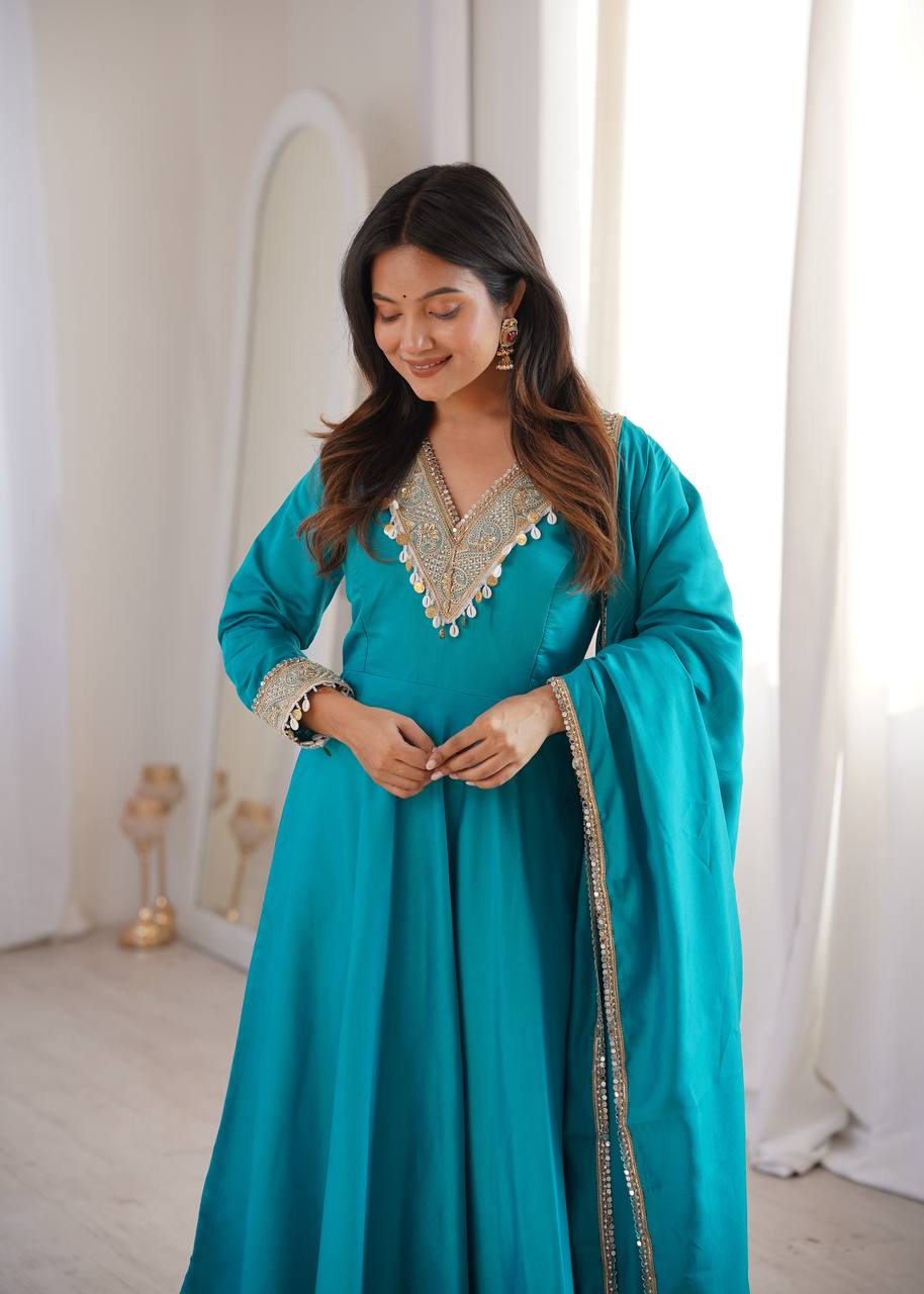 Peacock blue Anarkali kurta with shell tassel detailing
