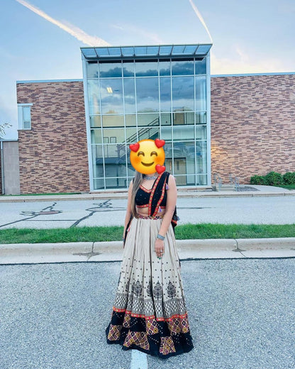 Black White Digital Print Real Mirror Work Navratri Lehenga Choli