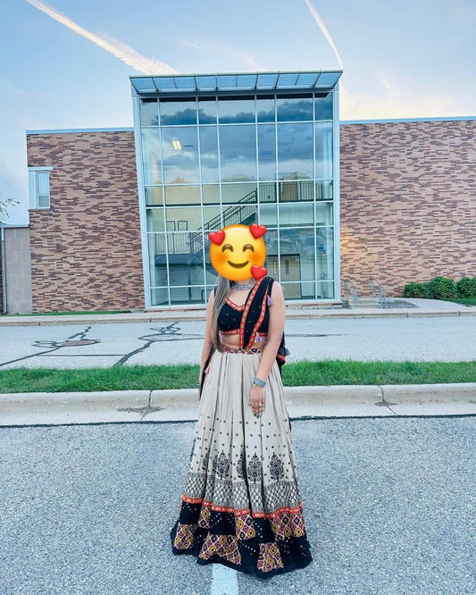 Black White Digital Print Real Mirror Work Navratri Lehenga Choli