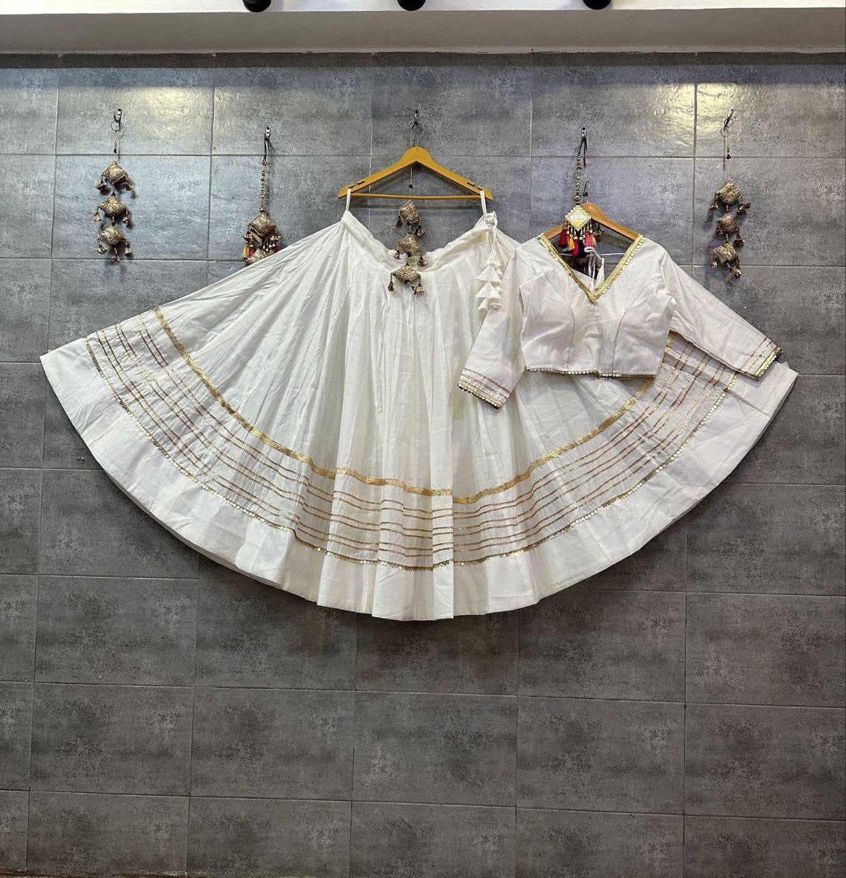 White Navratri chaniya choli Rayon cotton gold gota patti work
