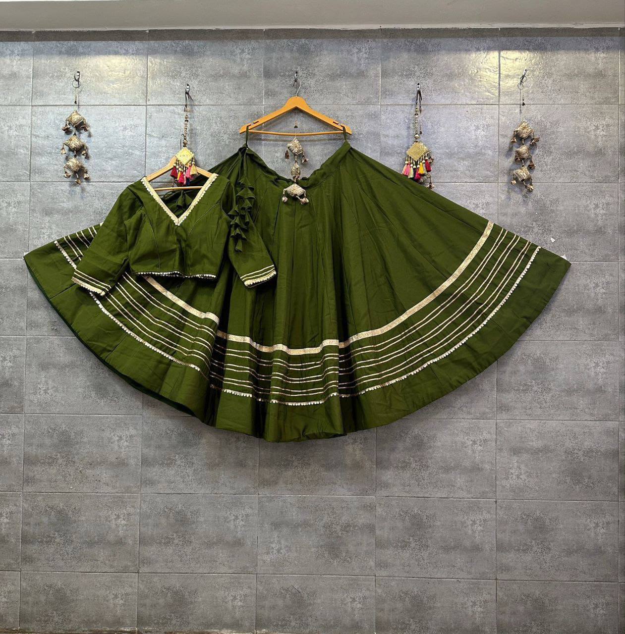 Olive green Navratri chaniya choli Rayon cotton gota patti work
