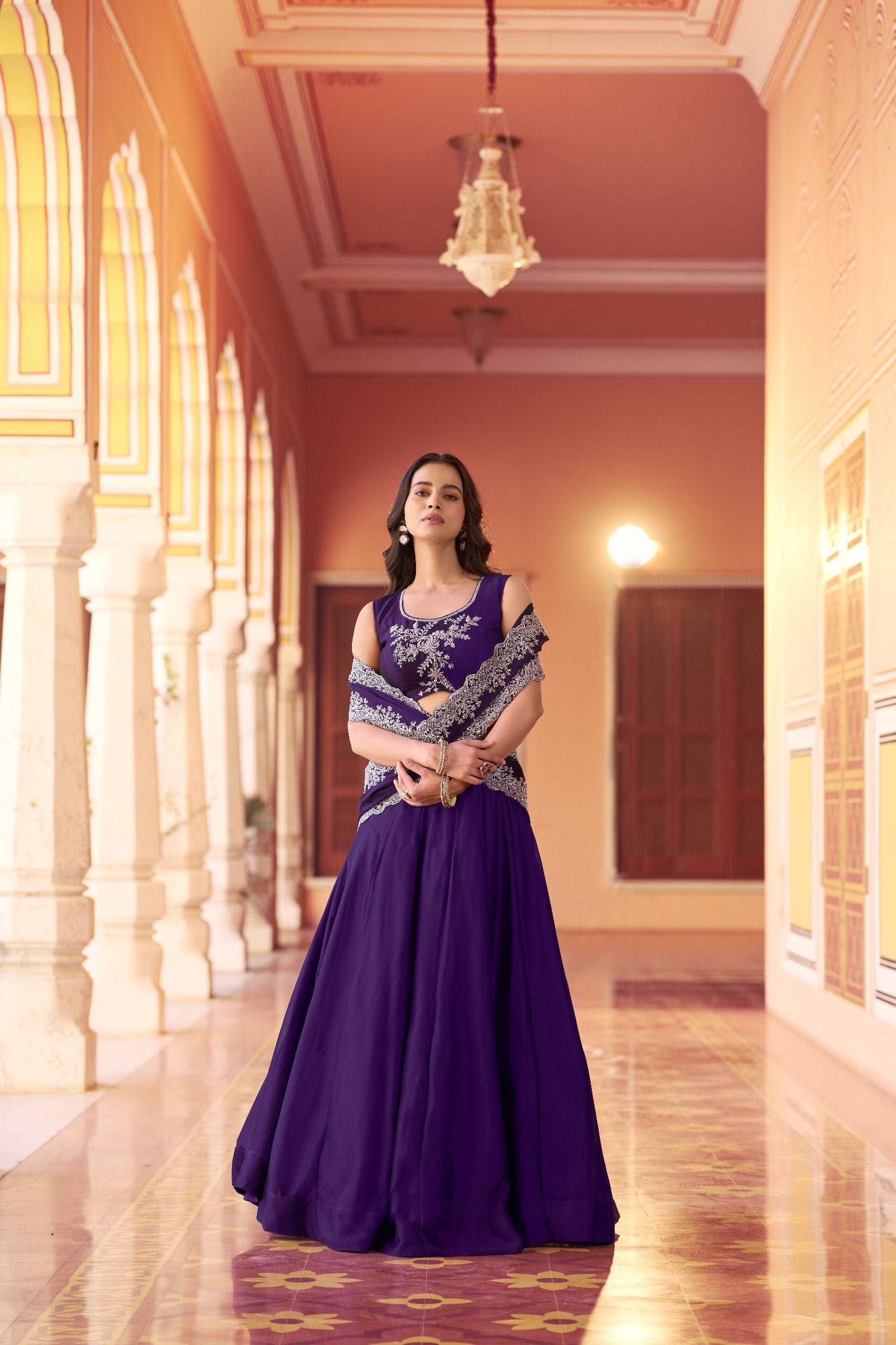 Designer reception lehenga purple silver embroidery
