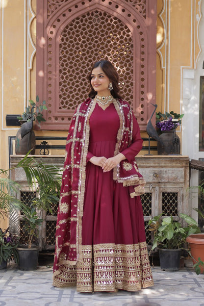 Maroon Star Georgette With Embroidery Zari Sequins Work Gown