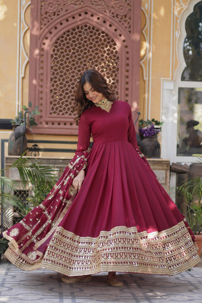 Maroon Star Georgette With Embroidery Zari Sequins Work Gown
