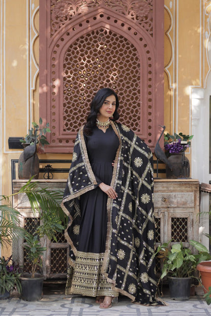Black Star Georgette With Embroidery Zari Sequins Work Gown