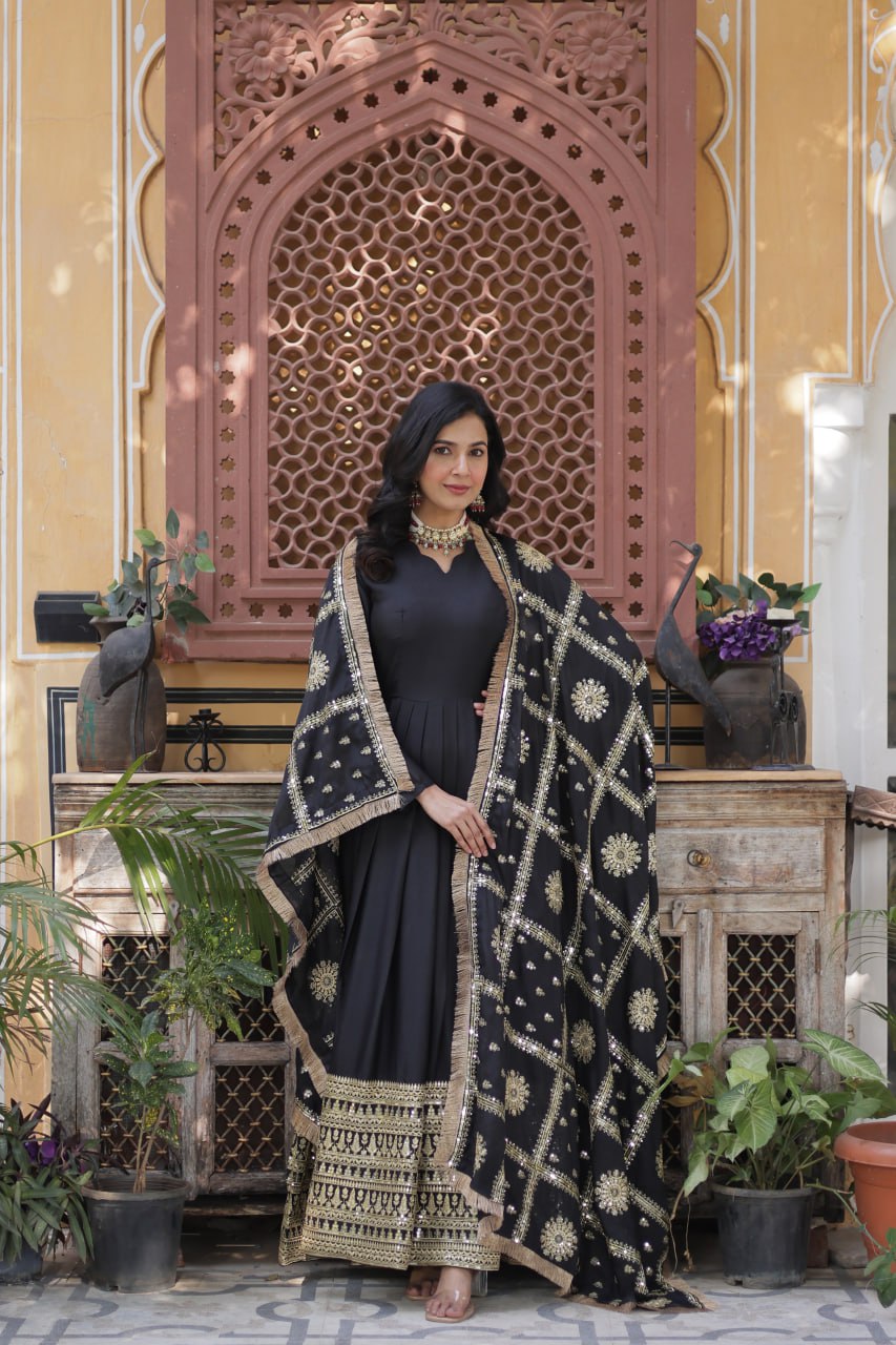 Black Star Georgette With Embroidery Zari Sequins Work Gown