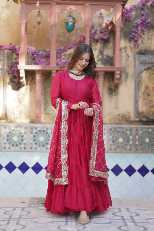Pink Star Georgette Round Neck Designer Fully Flair Gown