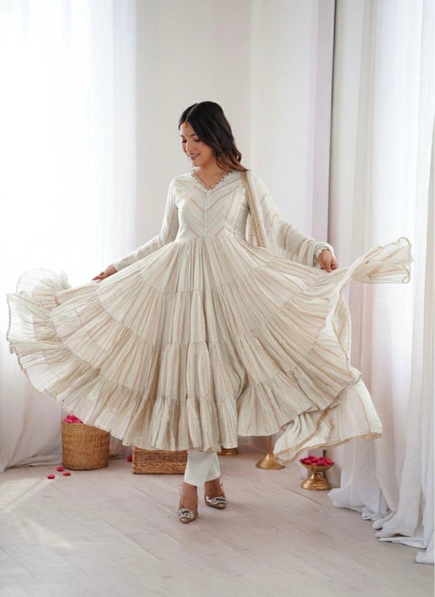 White Chanderi Silk Salwar Suit – Handcrafted Real Mirror Work & Designer Embroidery Set