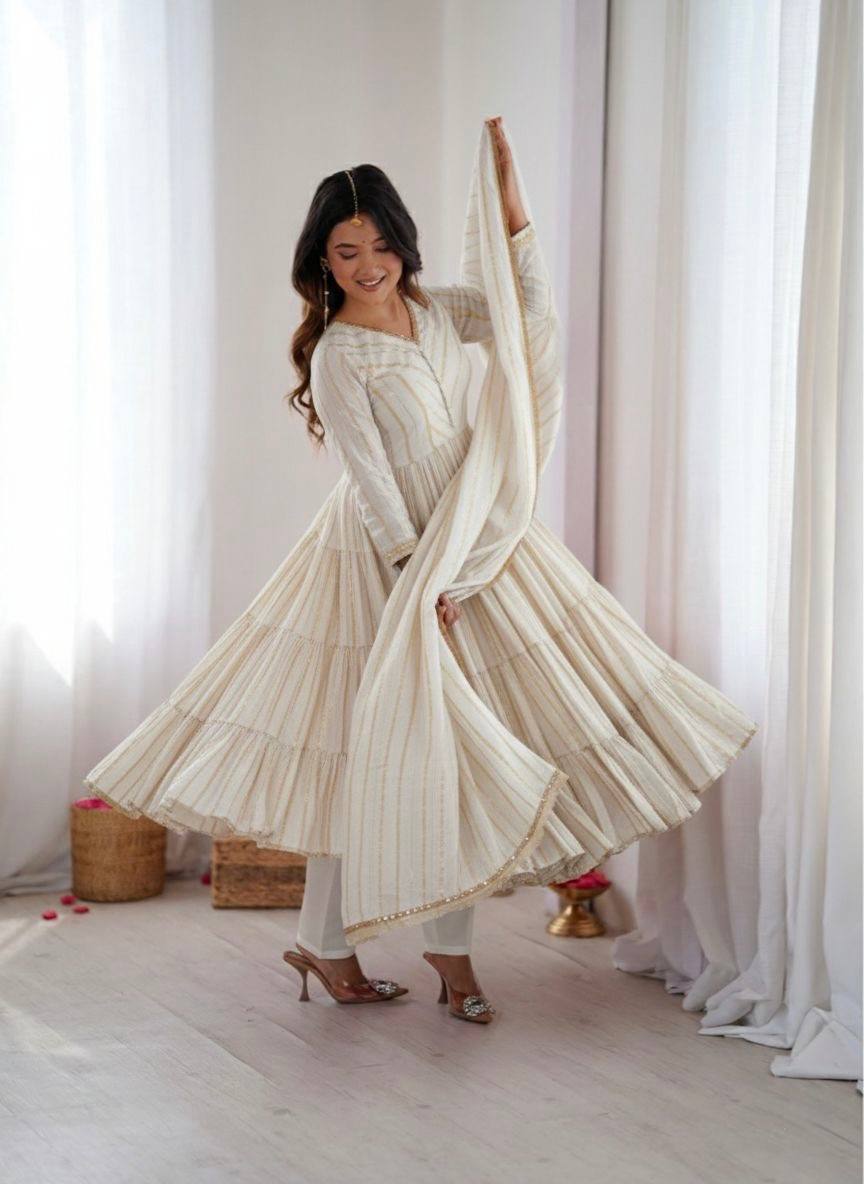 White Chanderi Silk Salwar Suit with Real Mirror Handwork and Designer Embroidery by The Beauty Queen Surat