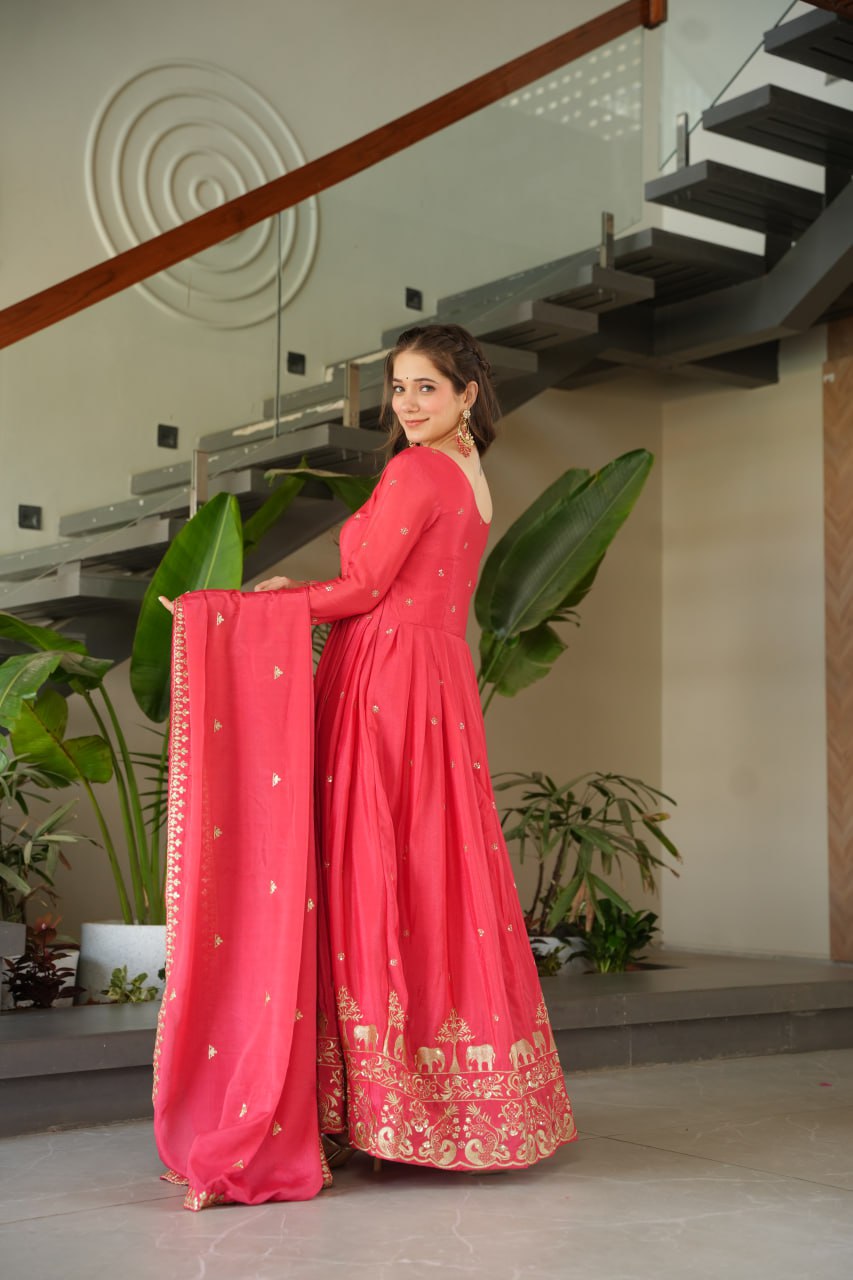 Pink Chinnon With Embroidery Zari Sequins Work Gown
