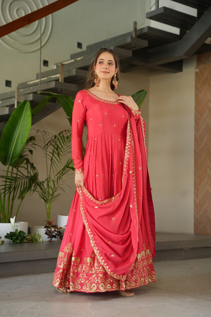 Pink Chinnon With Embroidery Zari Sequins Work Gown