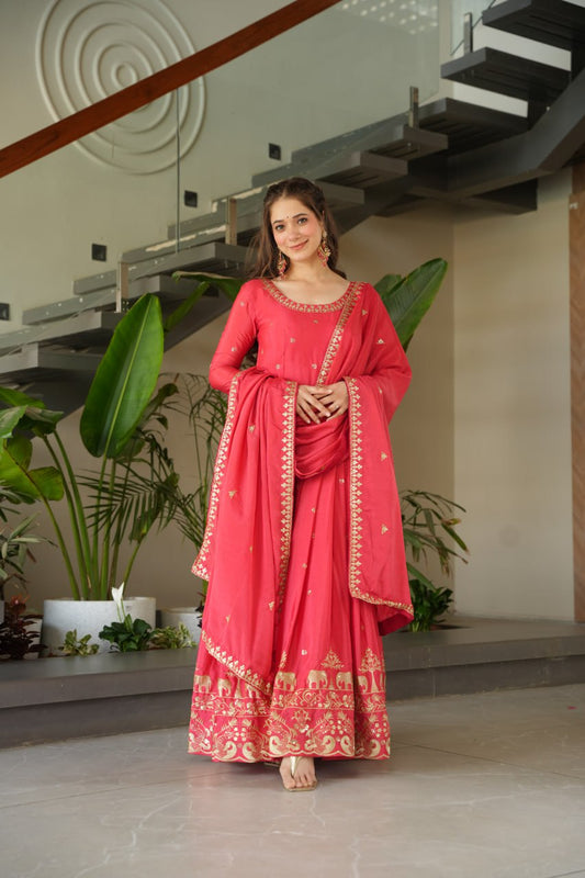 Pink Chinnon With Embroidery Zari Sequins Work Gown