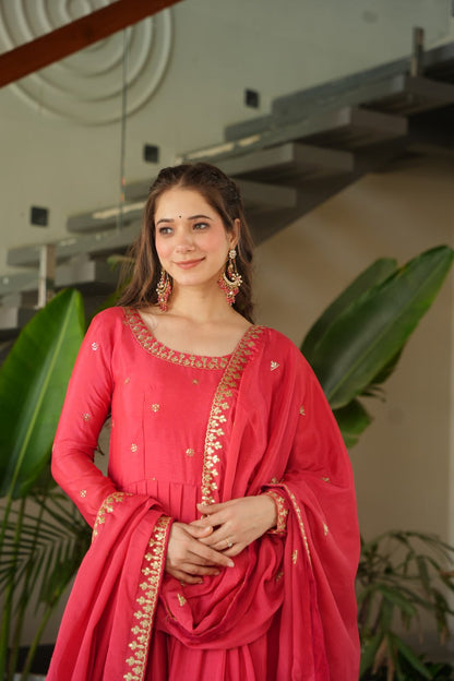 Pink Chinnon With Embroidery Zari Sequins Work Gown