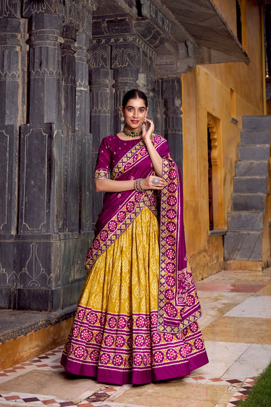 Musterd Tasar Silk Ikkat Print Sequins And Thread Embroidery Work Lehenga Choli
