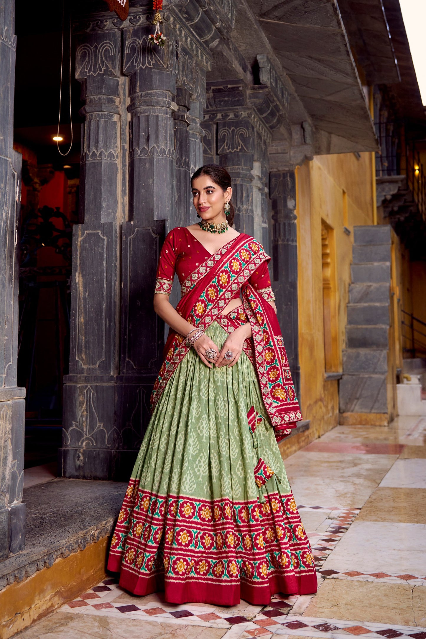 Sea Green Tasar Silk Ikkat Print Sequins And Thread Embroidery Work Lehenga Choli