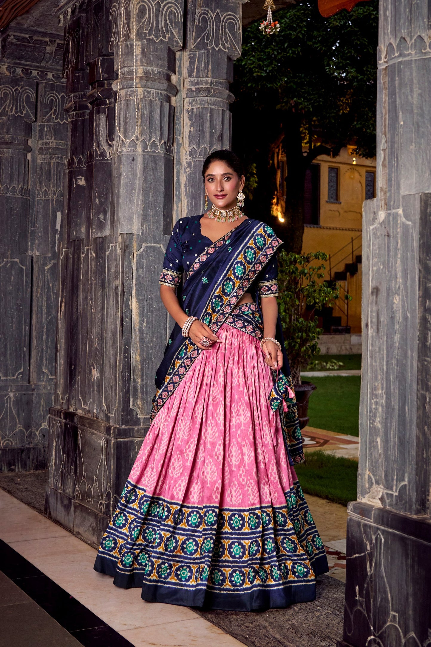 Light Pink Tasar Silk Ikkat Print Sequins And Thread Embroidery Work Lehenga Choli
